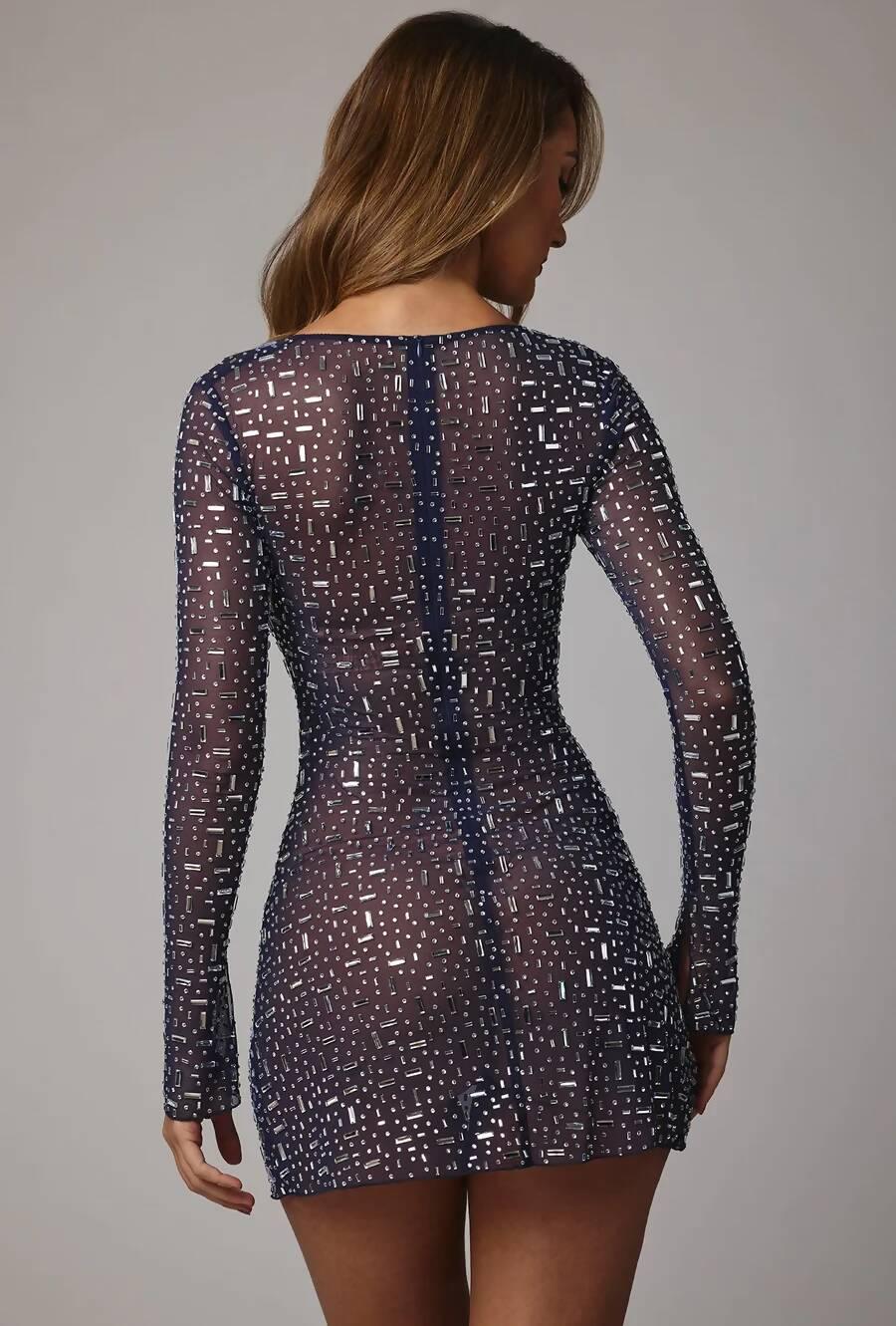 Zeta Sheer Embellished Long Sleeve A-Line Mini Dress in Navy - Endless - UAE Rental and Resale for Women's Fashion