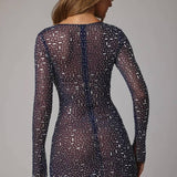 Zeta Sheer Embellished Long Sleeve A-Line Mini Dress in Navy - Endless - UAE Rental and Resale for Women's Fashion